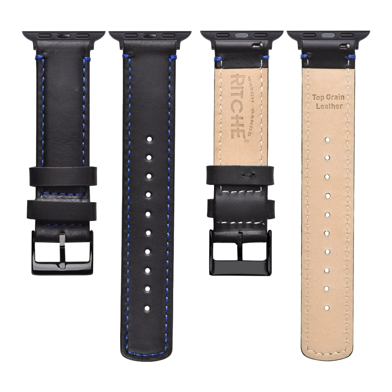 Ritche Black Blue Stitching Top Grain Leather iWatch Band in 38, 40, 41, 42, 44, 45mm