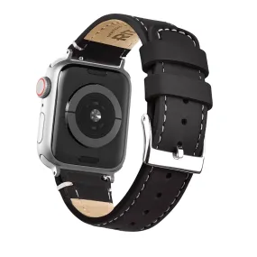 Ritche Black White Stitching Top Grain Leather iWatch Band in 38, 40, 41, 42, 44, 45mm