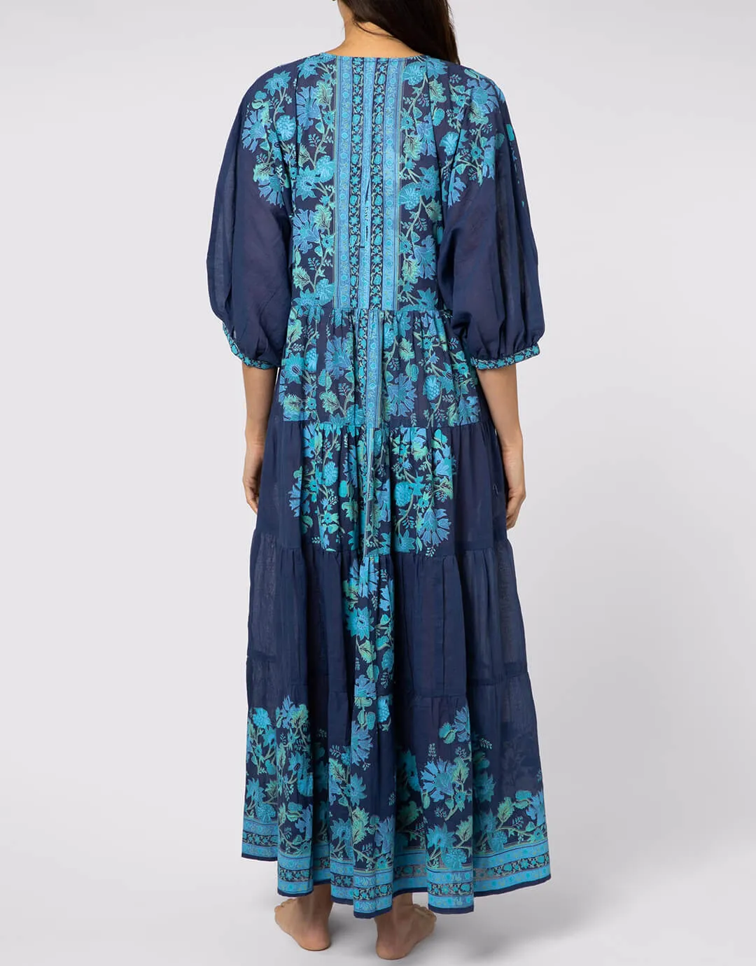 Rose Border Print V-Neck Maxi Dress - Indigo