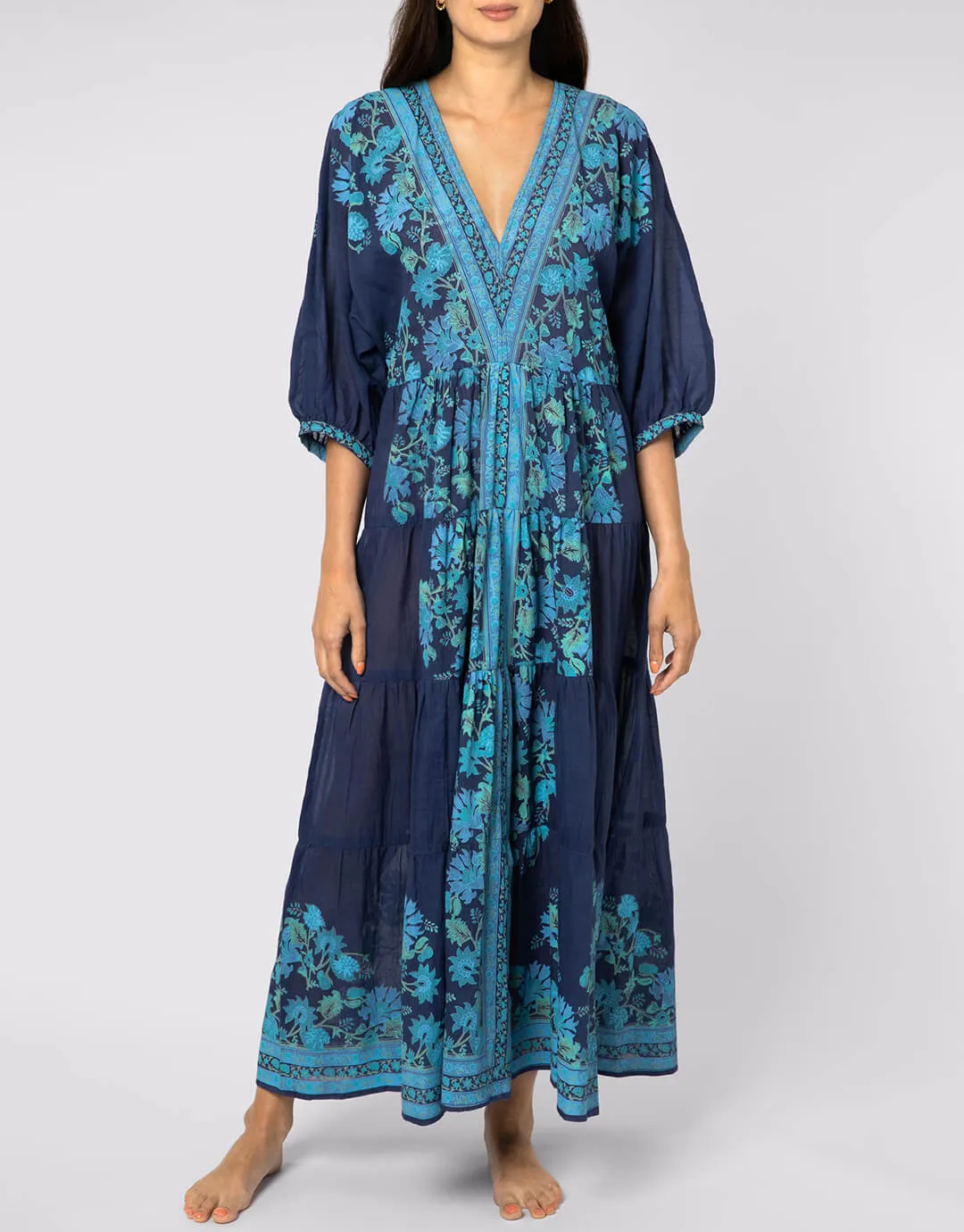 Rose Border Print V-Neck Maxi Dress - Indigo