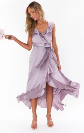 Samantha Ruffle Wrap Dress ~ Dusty Purple Luxe Satin