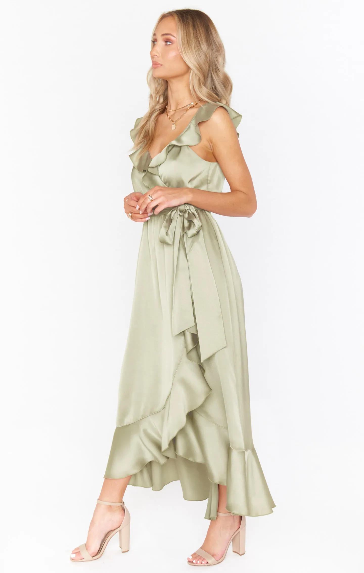 Samantha Ruffle Wrap Dress ~ Moss Green Luxe Satin