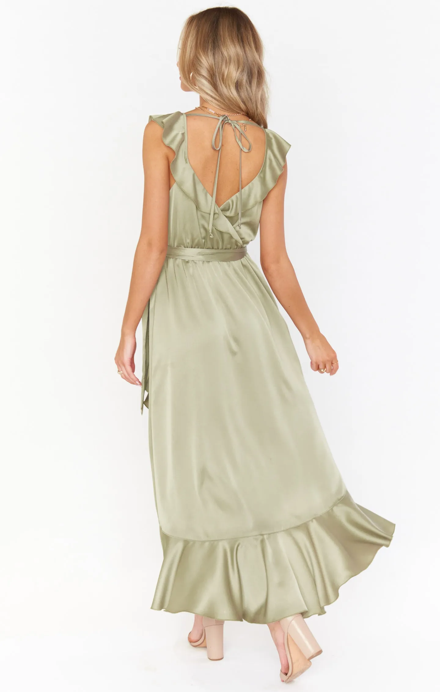 Samantha Ruffle Wrap Dress ~ Moss Green Luxe Satin