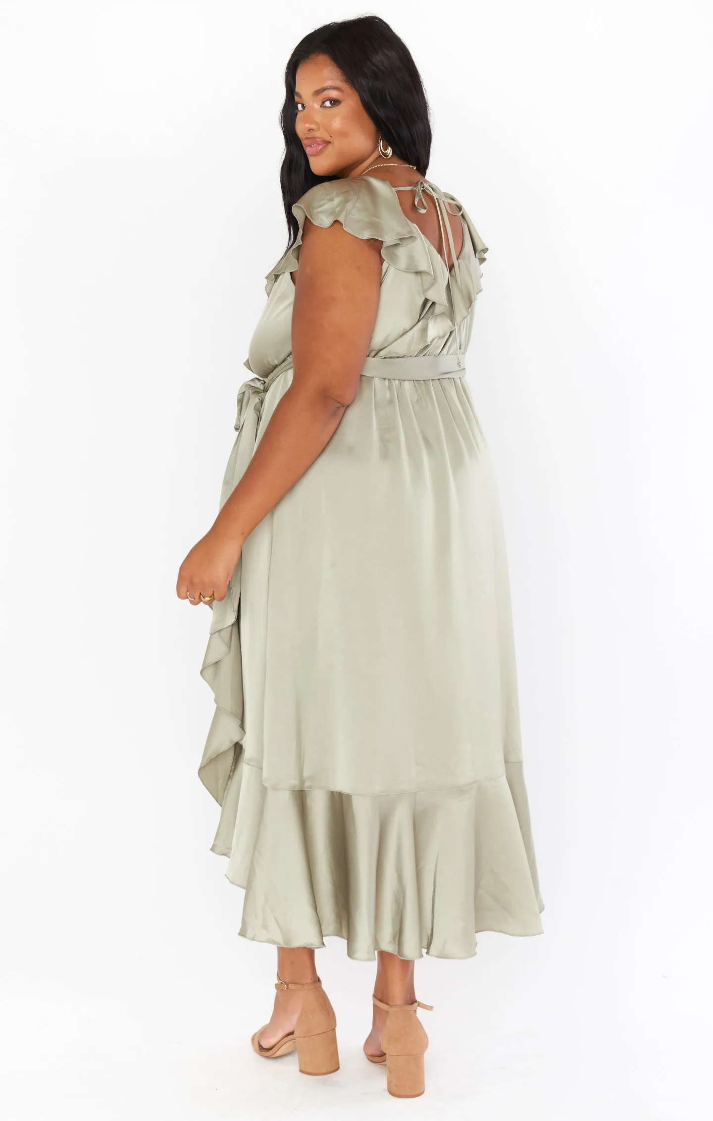 Samantha Ruffle Wrap Dress ~ Moss Green Luxe Satin