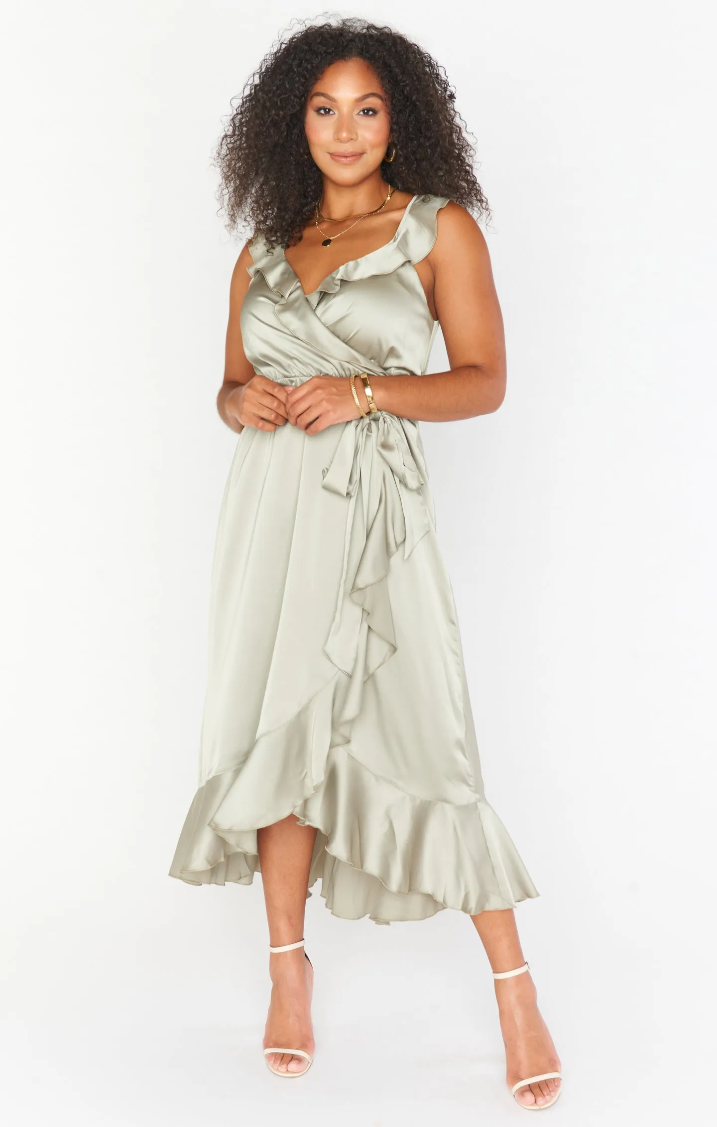 Samantha Ruffle Wrap Dress ~ Moss Green Luxe Satin