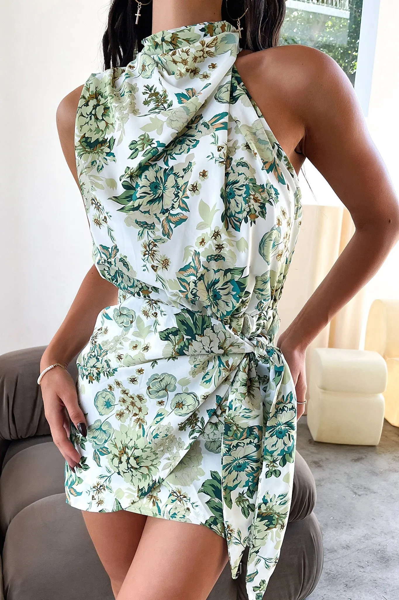 Santorini Mini Dress - Green Floral