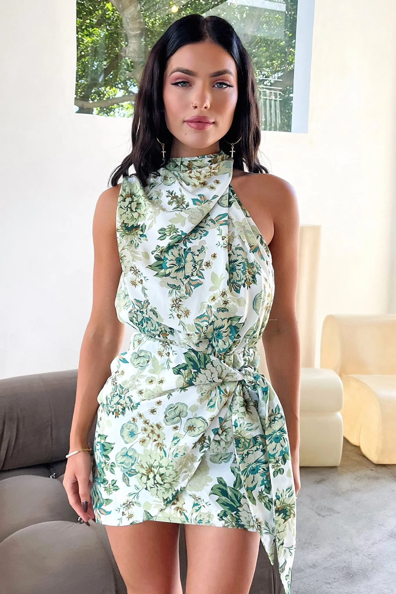 Santorini Mini Dress - Green Floral