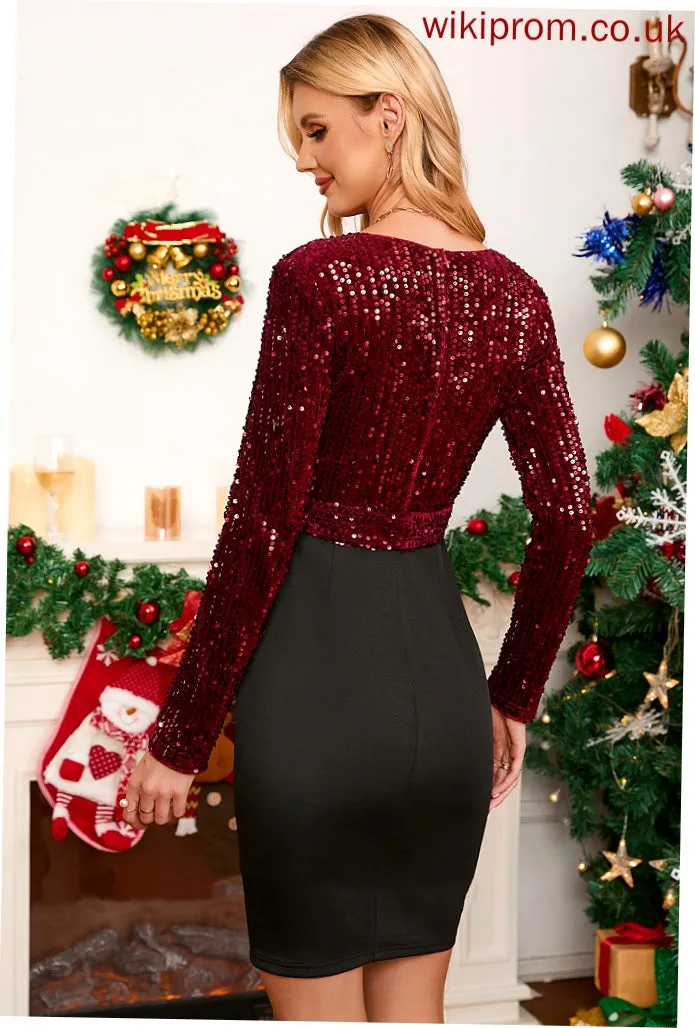 Sash Elegant Athena Bodycon Mini Dresses Long Sequined Club Dresses Sequins Sleeves V-Neck