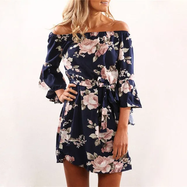 Sexy Off Shoulder A-Line Floral Print Chiffon Dress