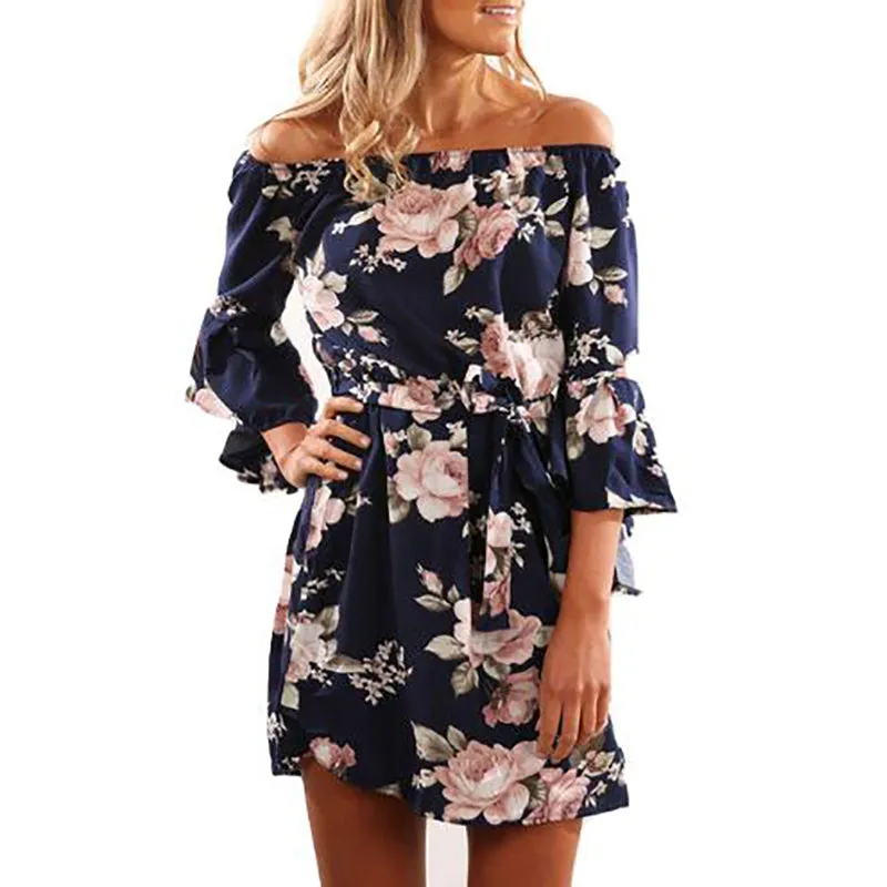 Sexy Off Shoulder A-Line Floral Print Chiffon Dress