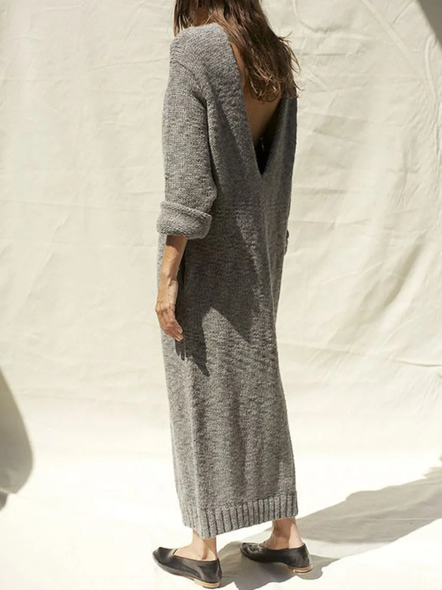 Sexy Open Back Long Sleeve Knitted Sweater Dress