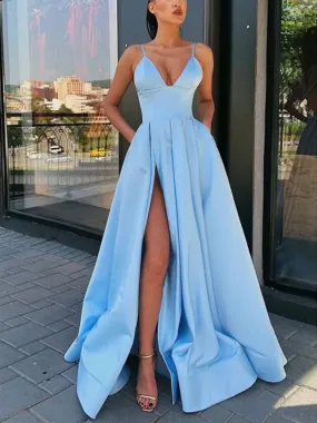 Simple A-line V Neck Satin Long Prom Dress, Satin Graduation Dresses