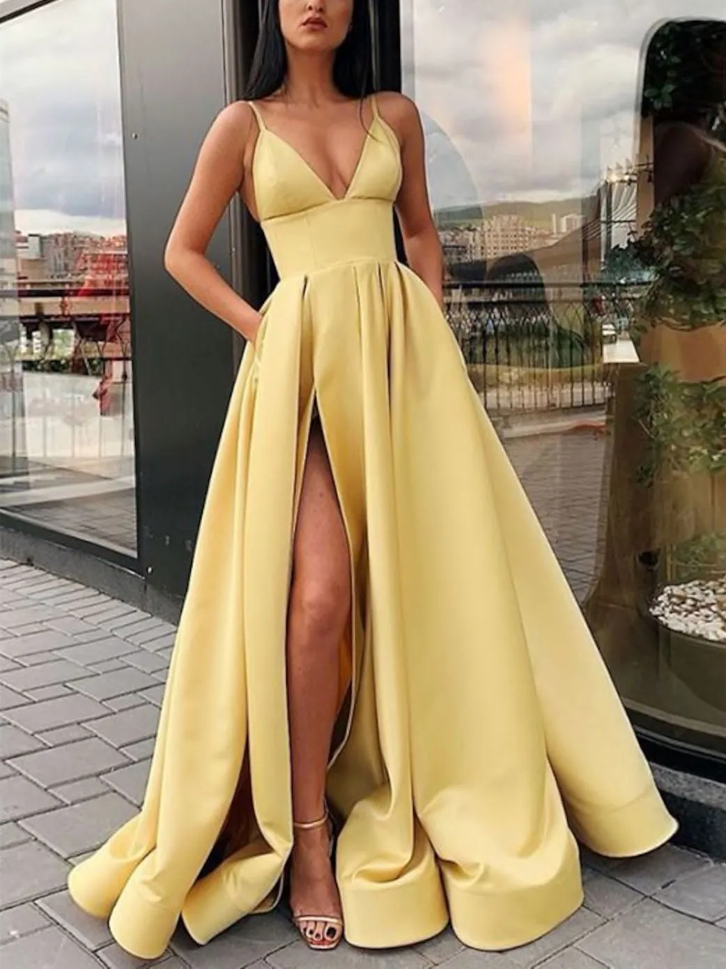 Simple A-line V Neck Satin Long Prom Dress, Satin Graduation Dresses