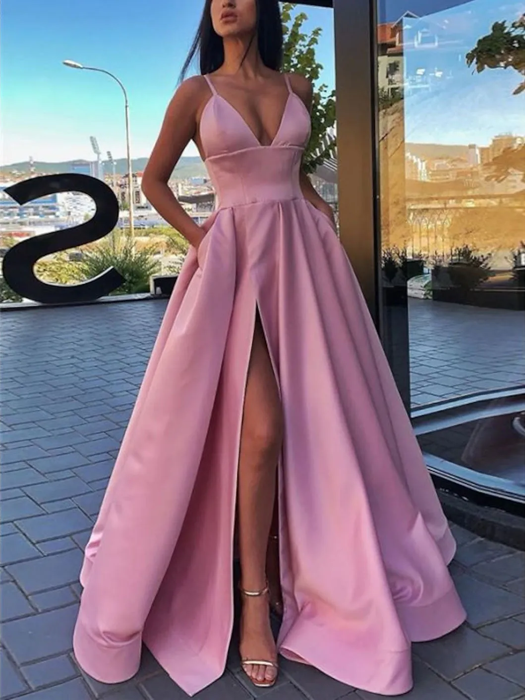 Simple A-line V Neck Satin Long Prom Dress, Satin Graduation Dresses