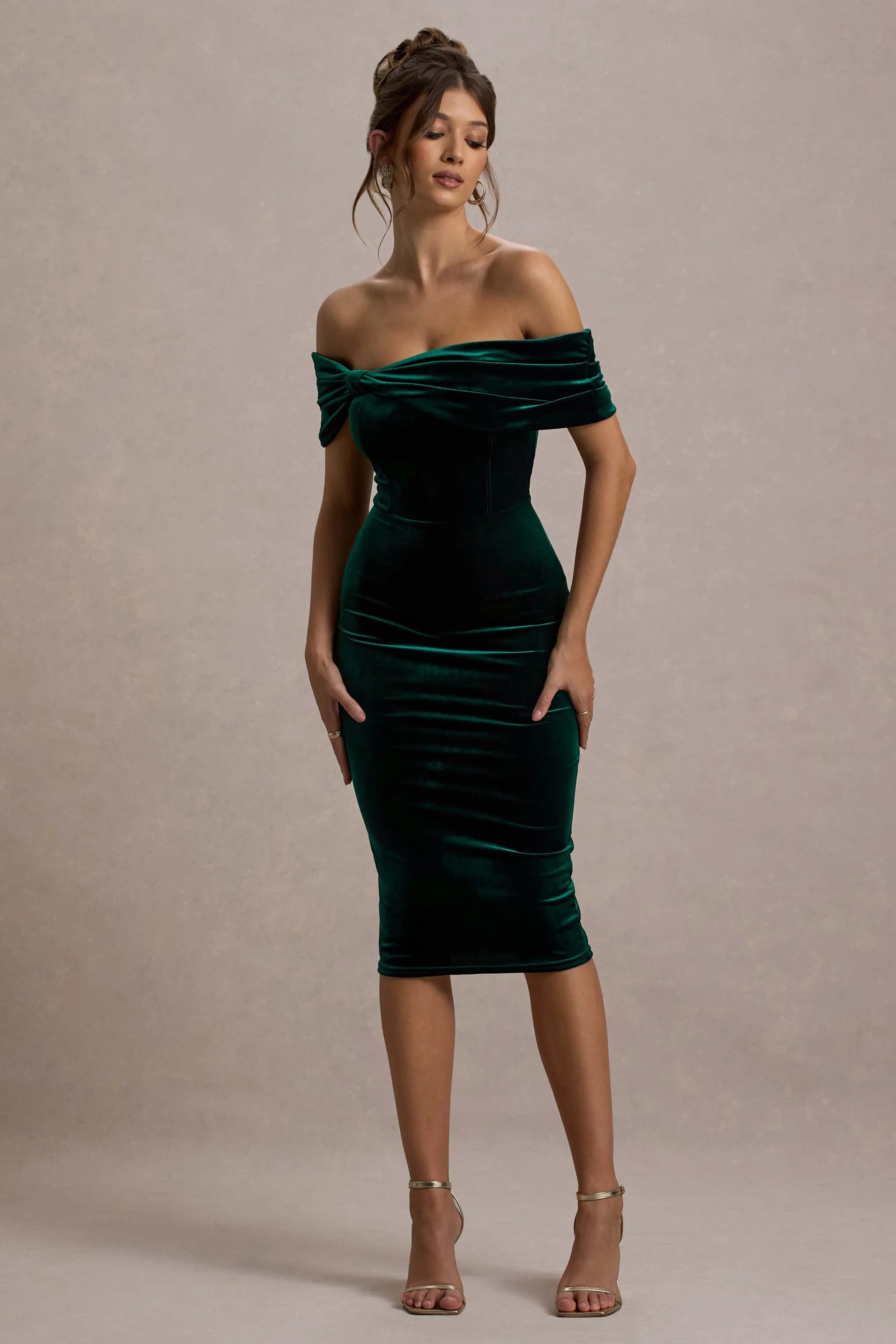 Snowflake | Bottle Green Velvet Bardot Bow Detail Midi Dress