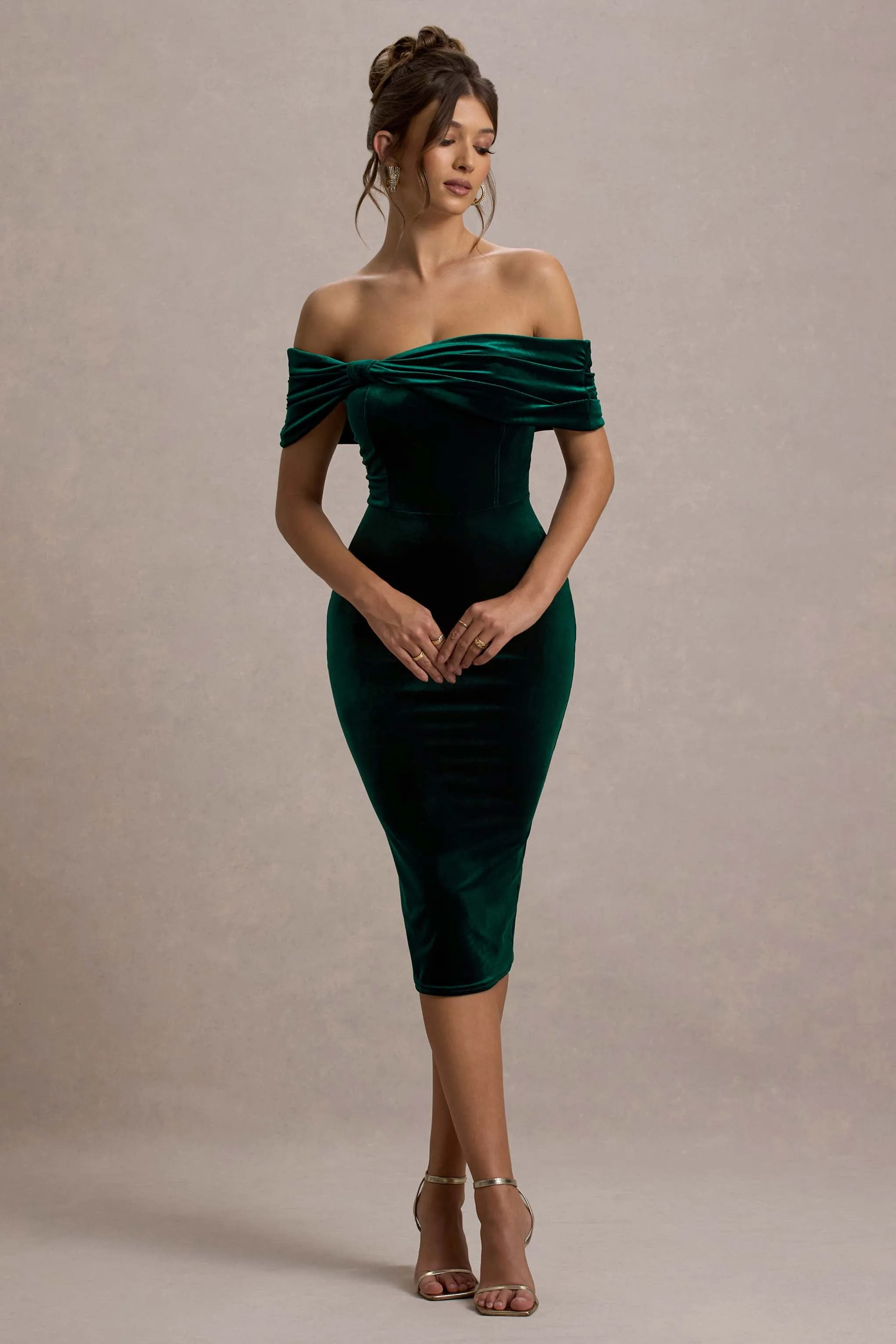 Snowflake | Bottle Green Velvet Bardot Bow Detail Midi Dress