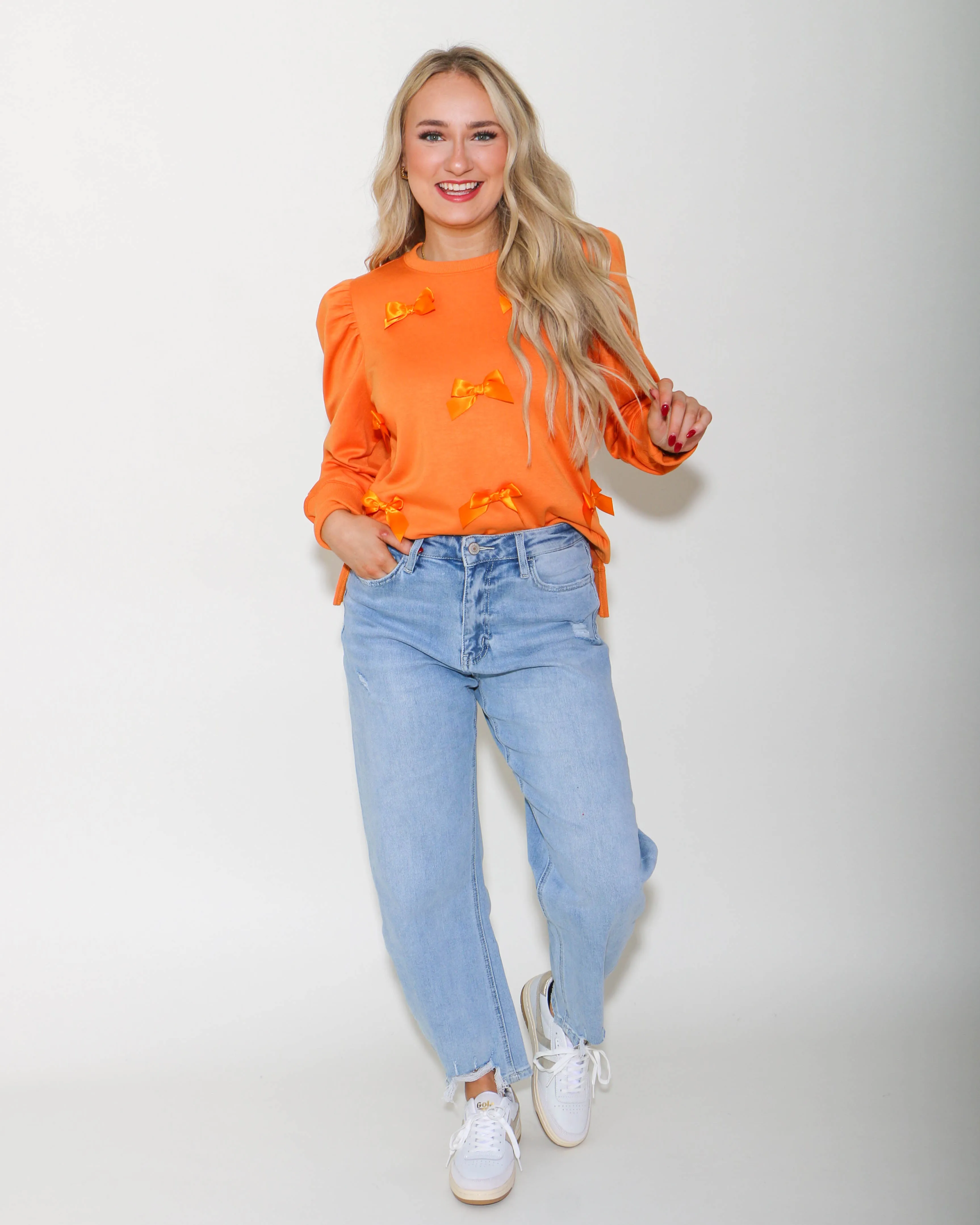 Solid Bow Ties Patch Sweatshirt Top in Orange