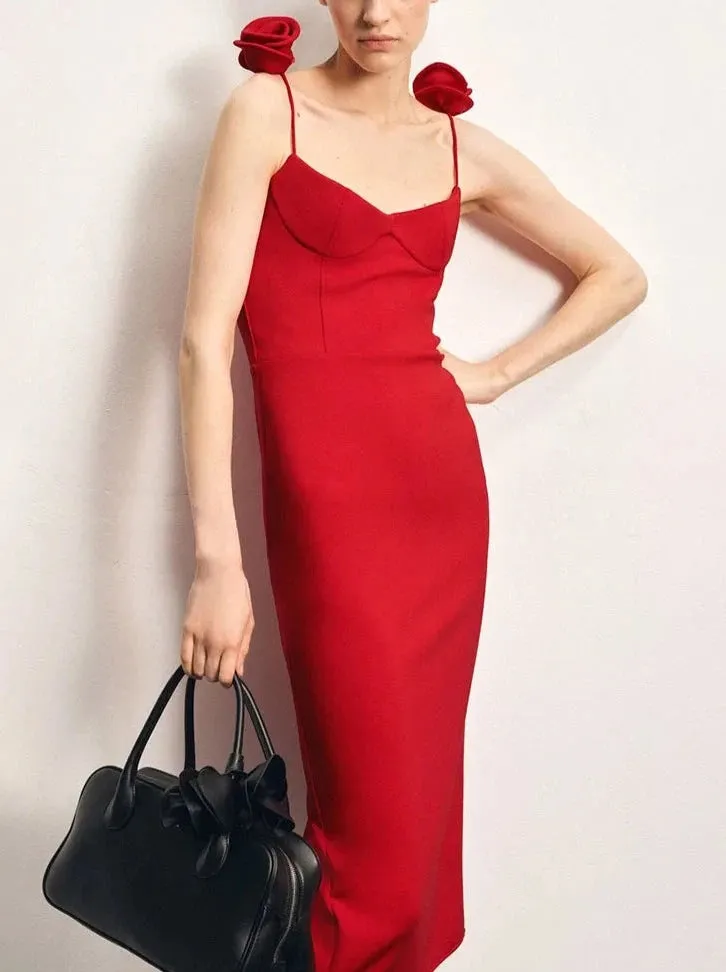 split three-dimensional rose sleeveless halter wrap dress