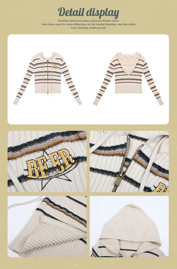 Star BEER Stripe Ribbed Hooded Zip Up Long Sleeve Cropped Sweater Top