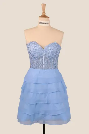 Strapless Blue Appliques Tiered A-line Short Dress