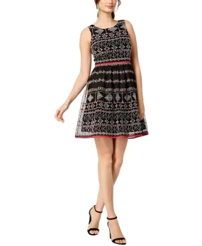 Taylor Boat Neck Sleeveless A-Line Piping Detail Zipper Back Multi Print Mesh Dress