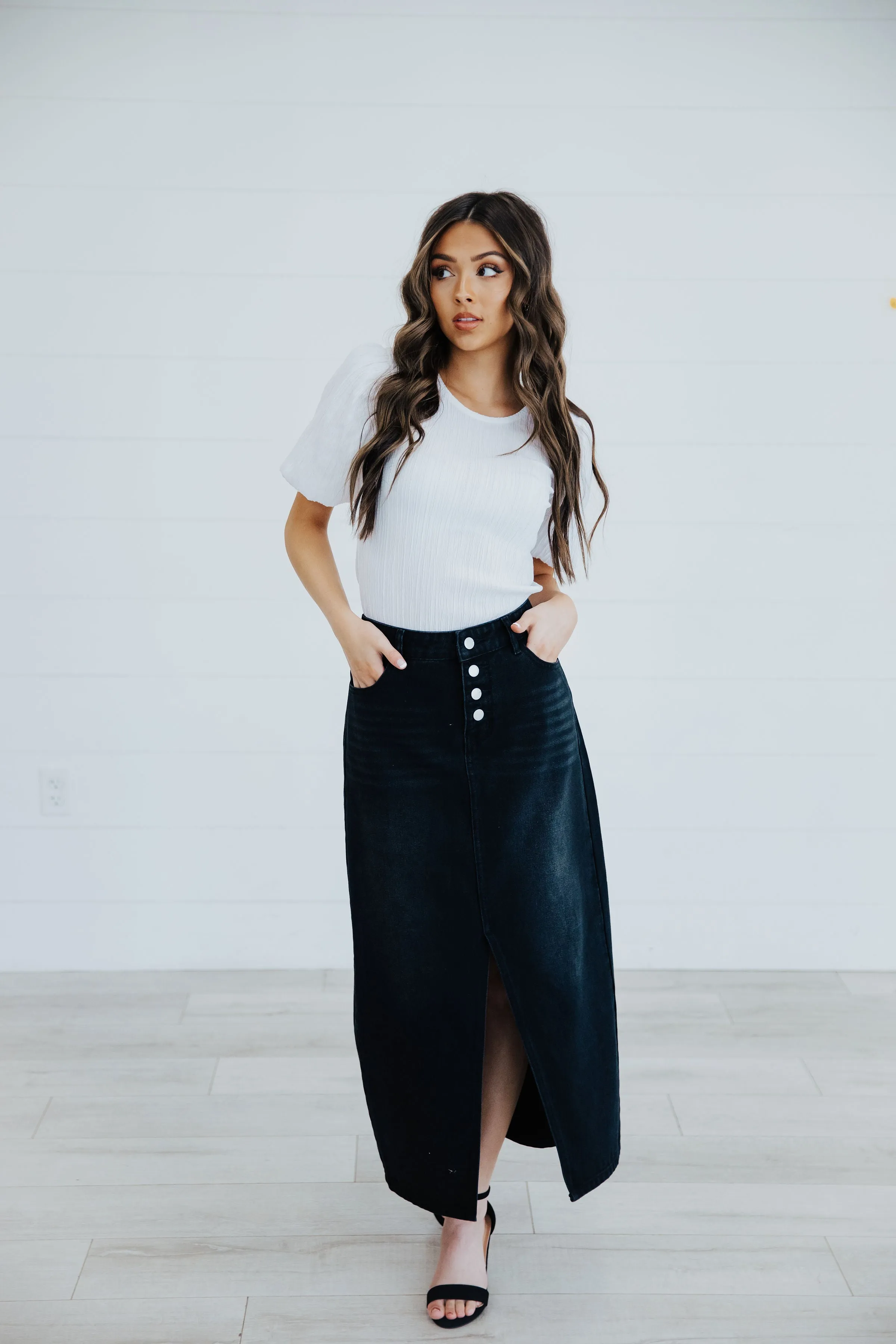 The Ariana Denim Maxi Skirt in Jet Black