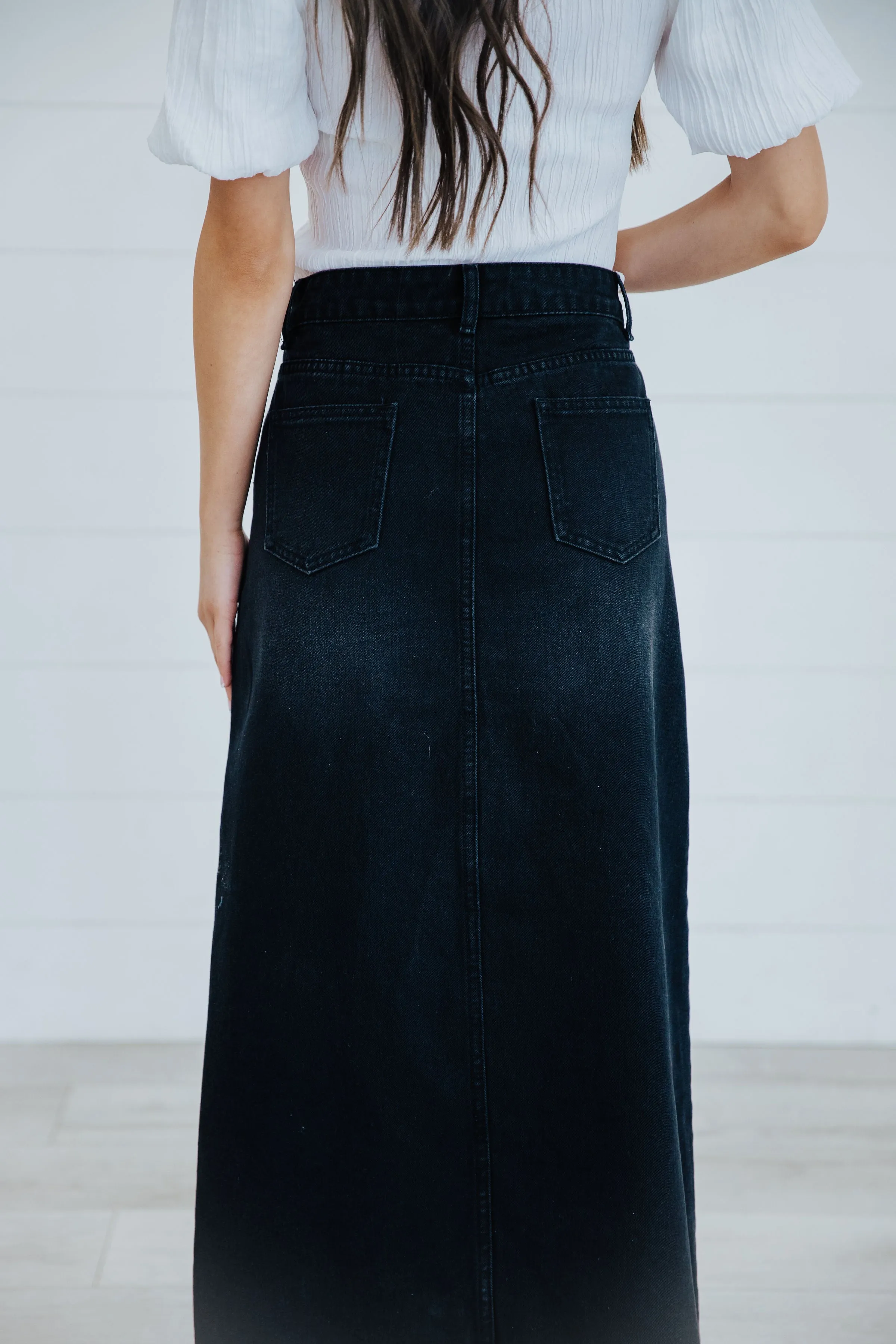 The Ariana Denim Maxi Skirt in Jet Black