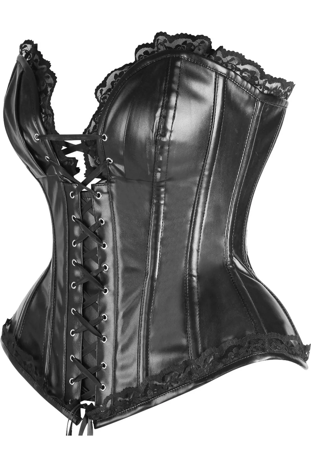 Top Drawer Black Faux Leather & Lace Trim Steel Boned Corset