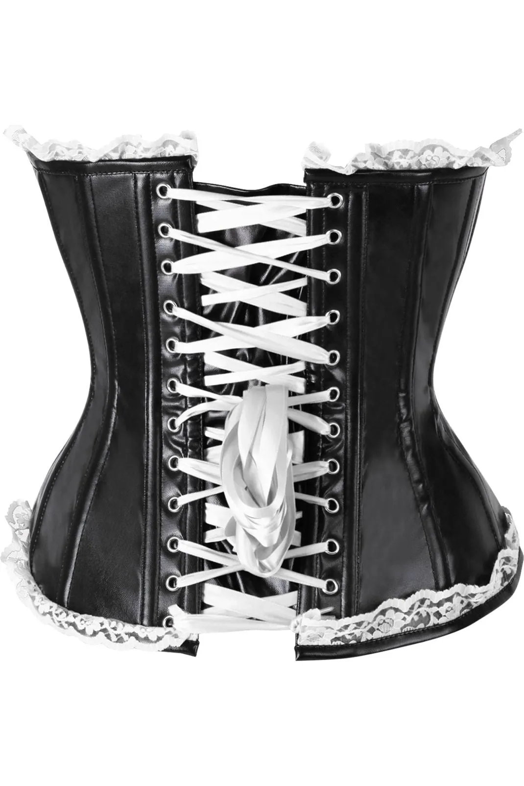 Top Drawer Black Faux Leather & White Lace Trim Steel Boned Corset