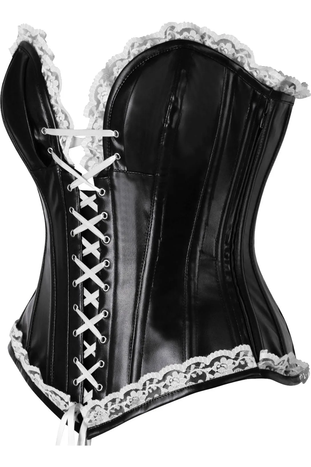 Top Drawer Black Faux Leather & White Lace Trim Steel Boned Corset