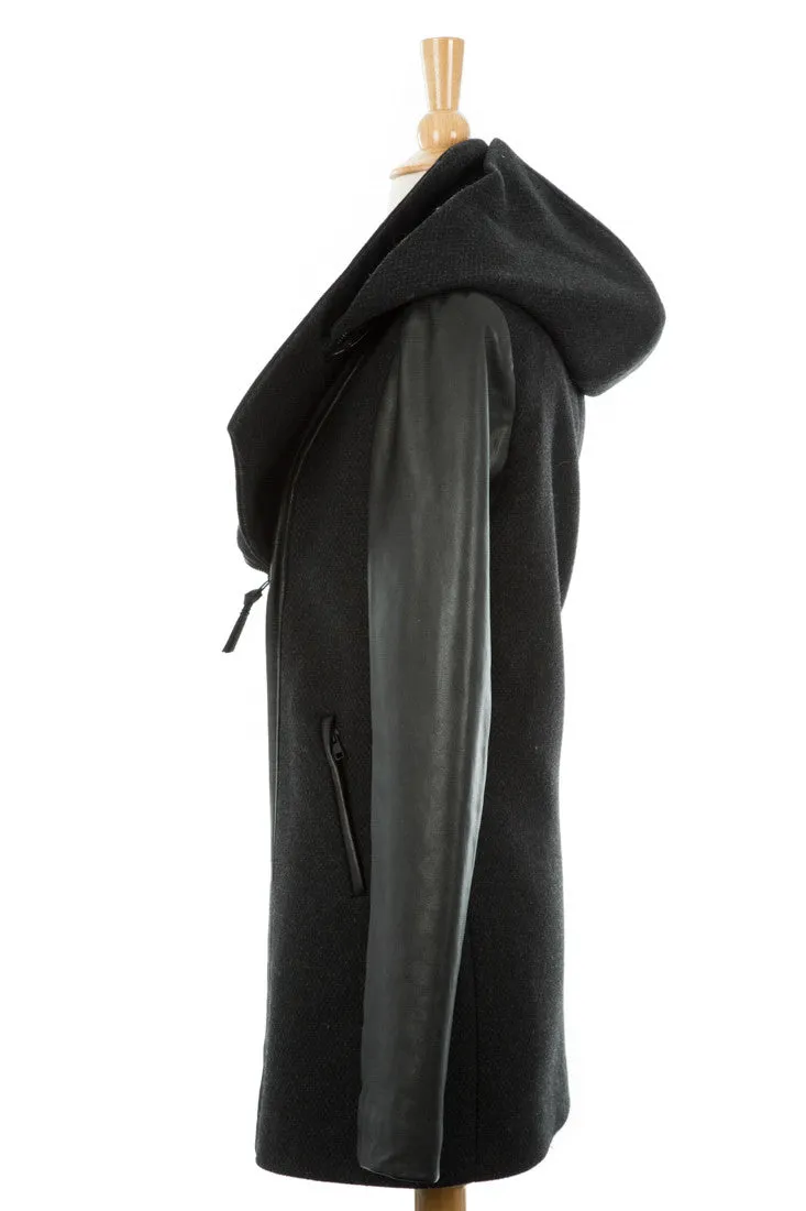 Vena Leather Sleeved Coat With Detachable Hood