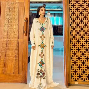 Vibrant Traditional Ethiopian Outfit :with Geometric and Colorful Embroidery Habesha Dress