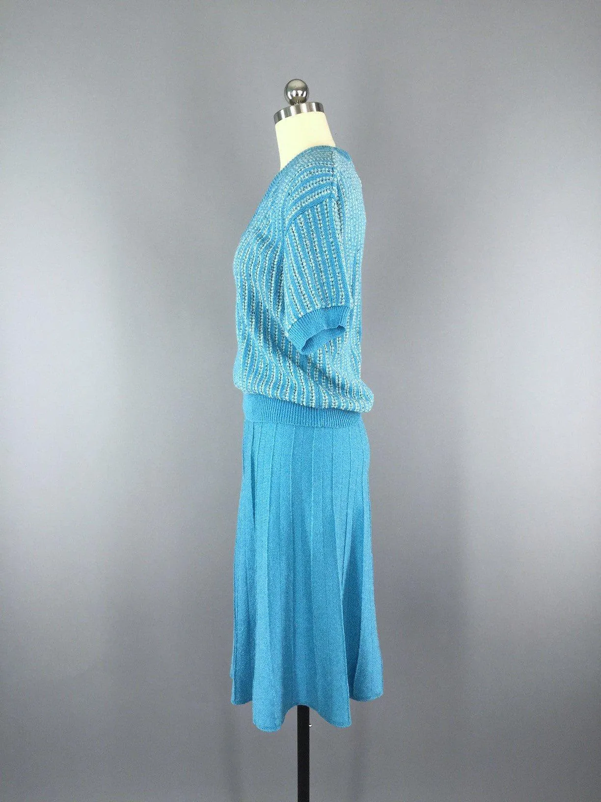 Vintage Skirt and Sweater Set / 1980s Blue Knit