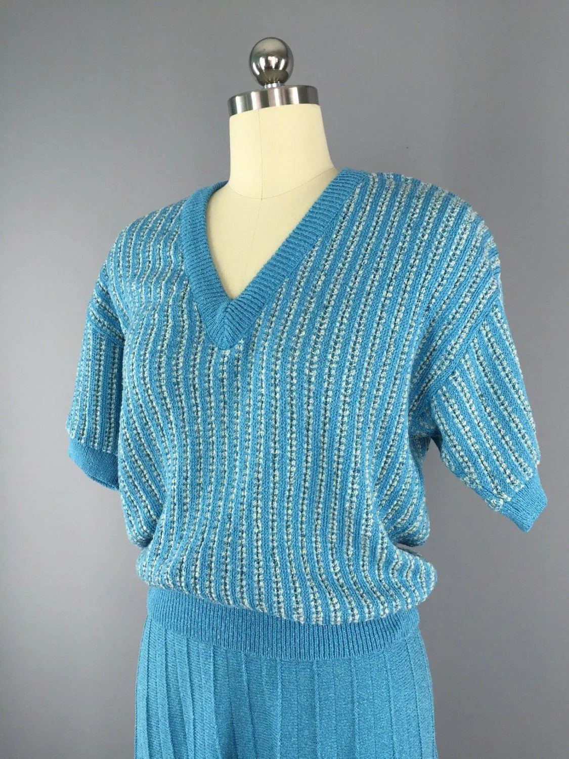 Vintage Skirt and Sweater Set / 1980s Blue Knit