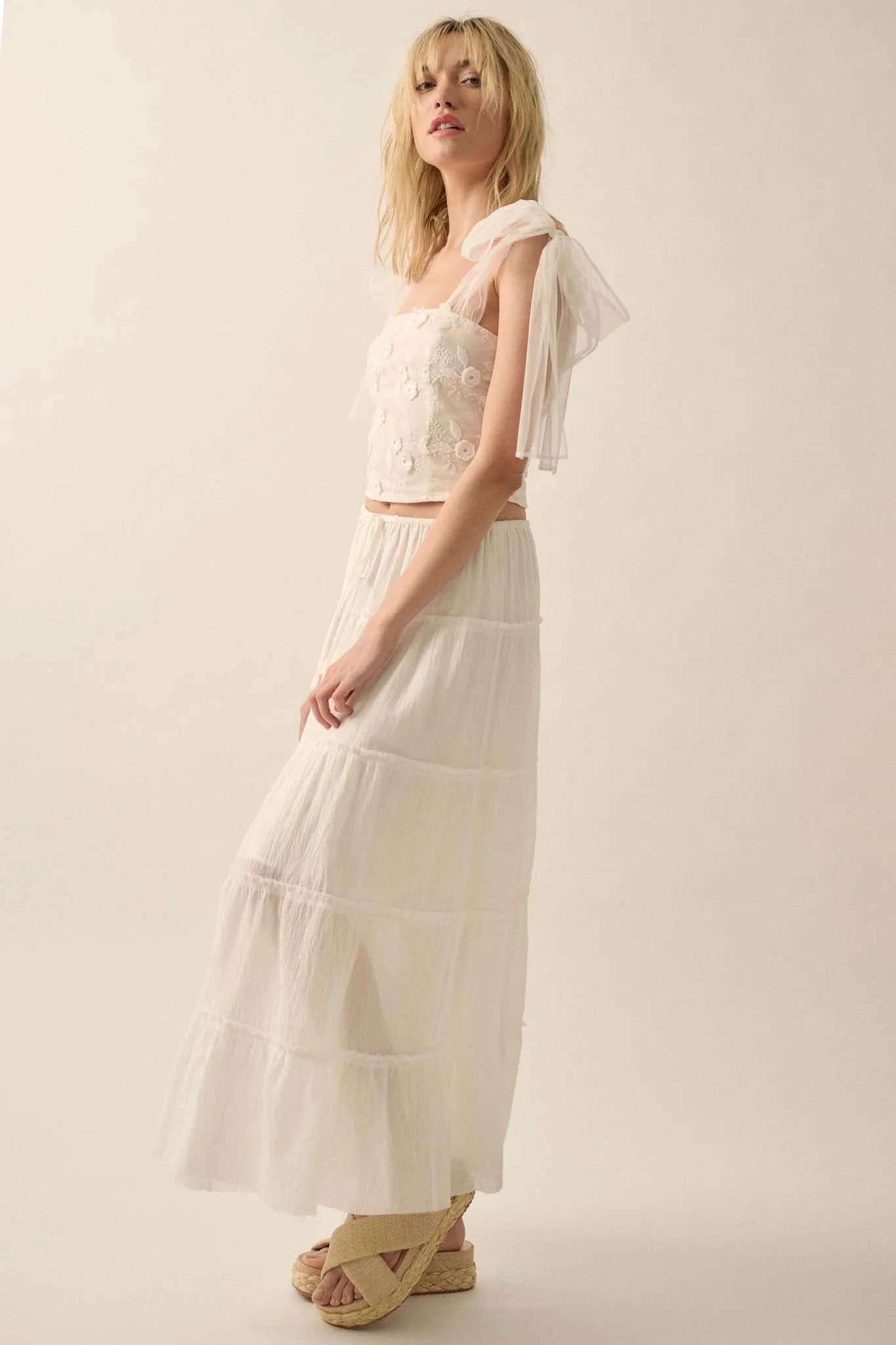 Washed Ashore Raw-Edge Tiered Ruffle Maxi Skirt