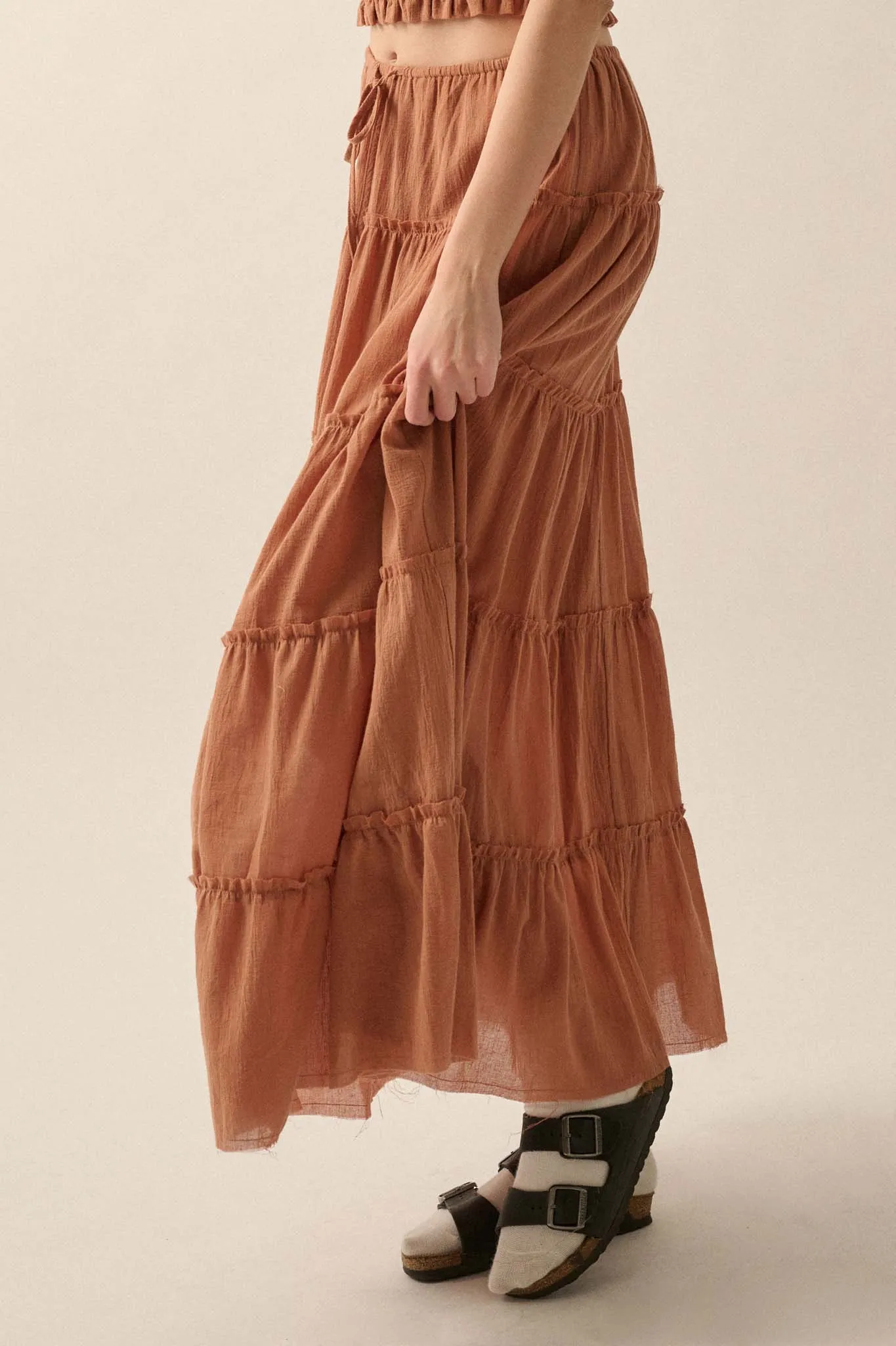 Washed Ashore Raw-Edge Tiered Ruffle Maxi Skirt