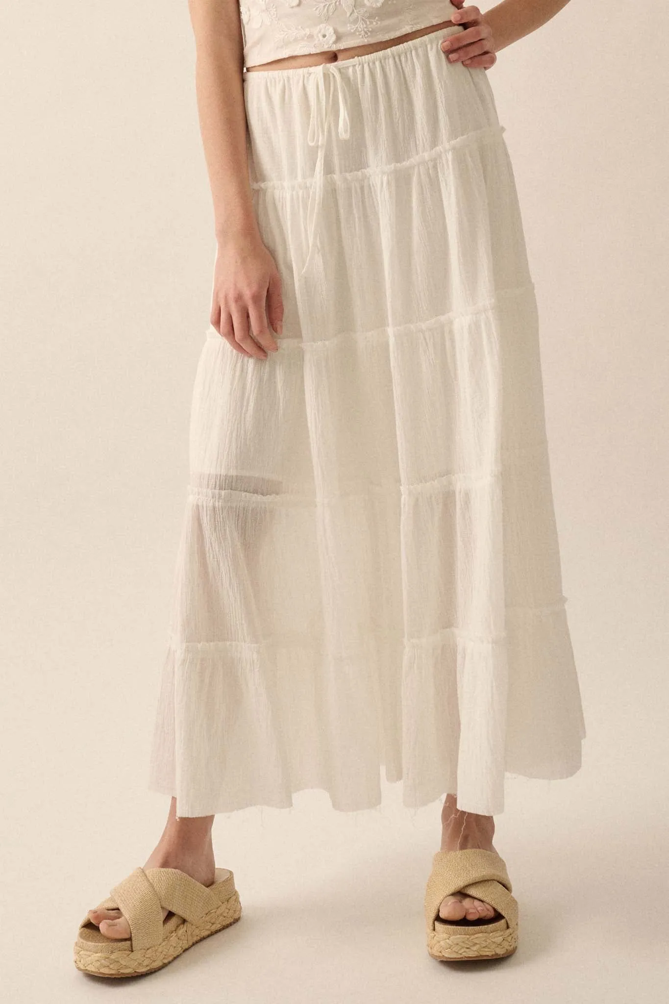 Washed Ashore Raw-Edge Tiered Ruffle Maxi Skirt