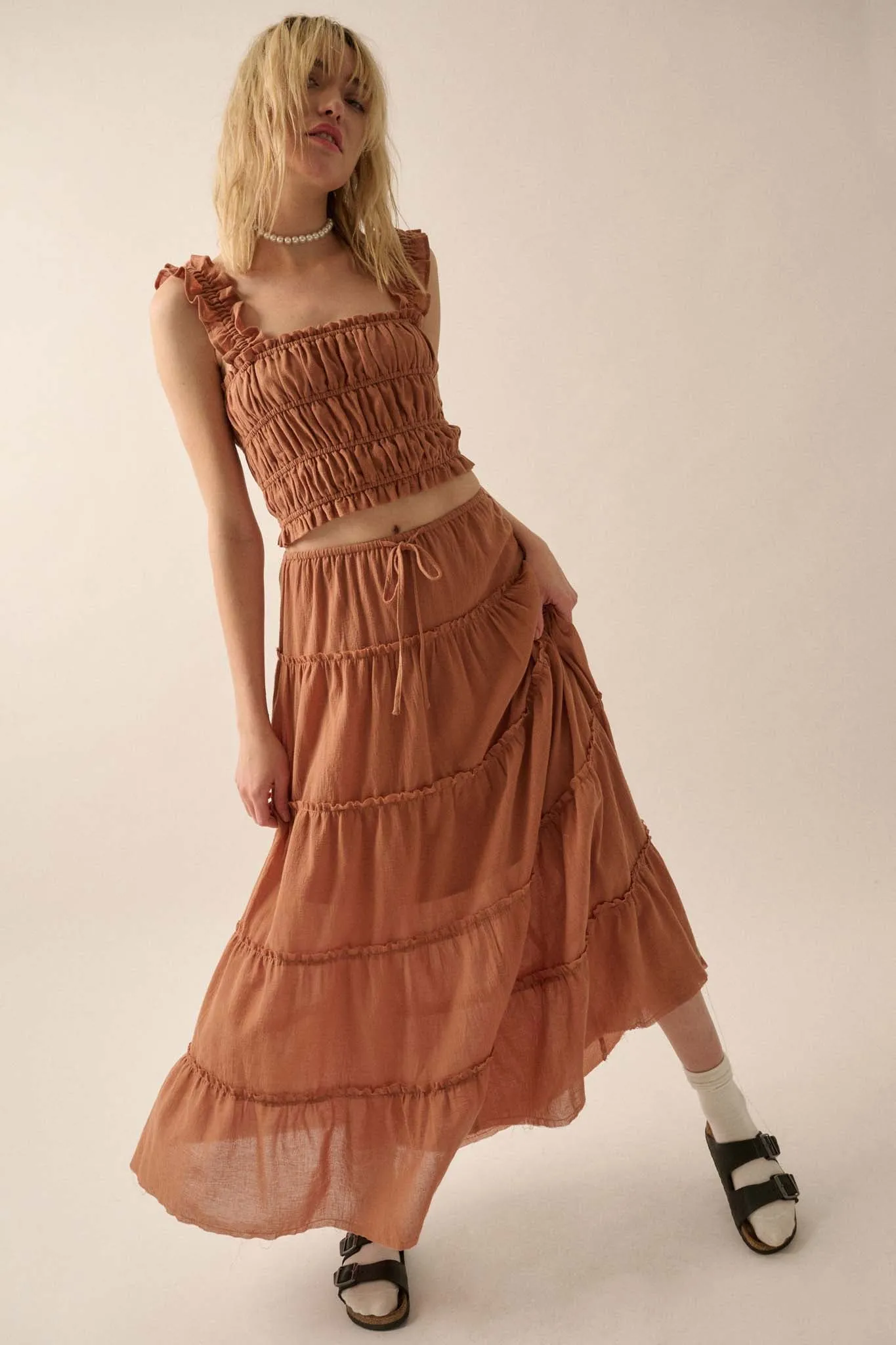 Washed Ashore Raw-Edge Tiered Ruffle Maxi Skirt