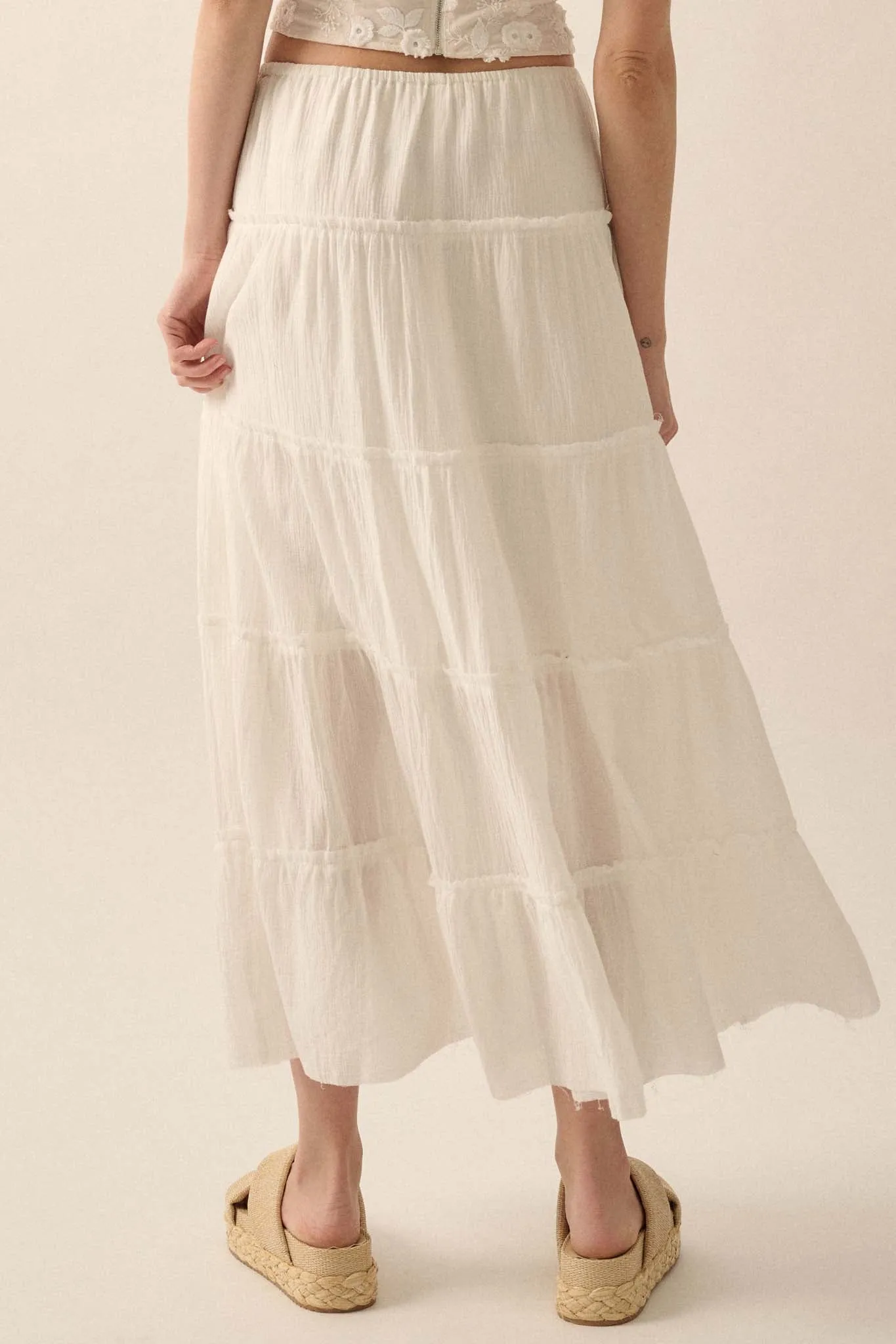 Washed Ashore Raw-Edge Tiered Ruffle Maxi Skirt