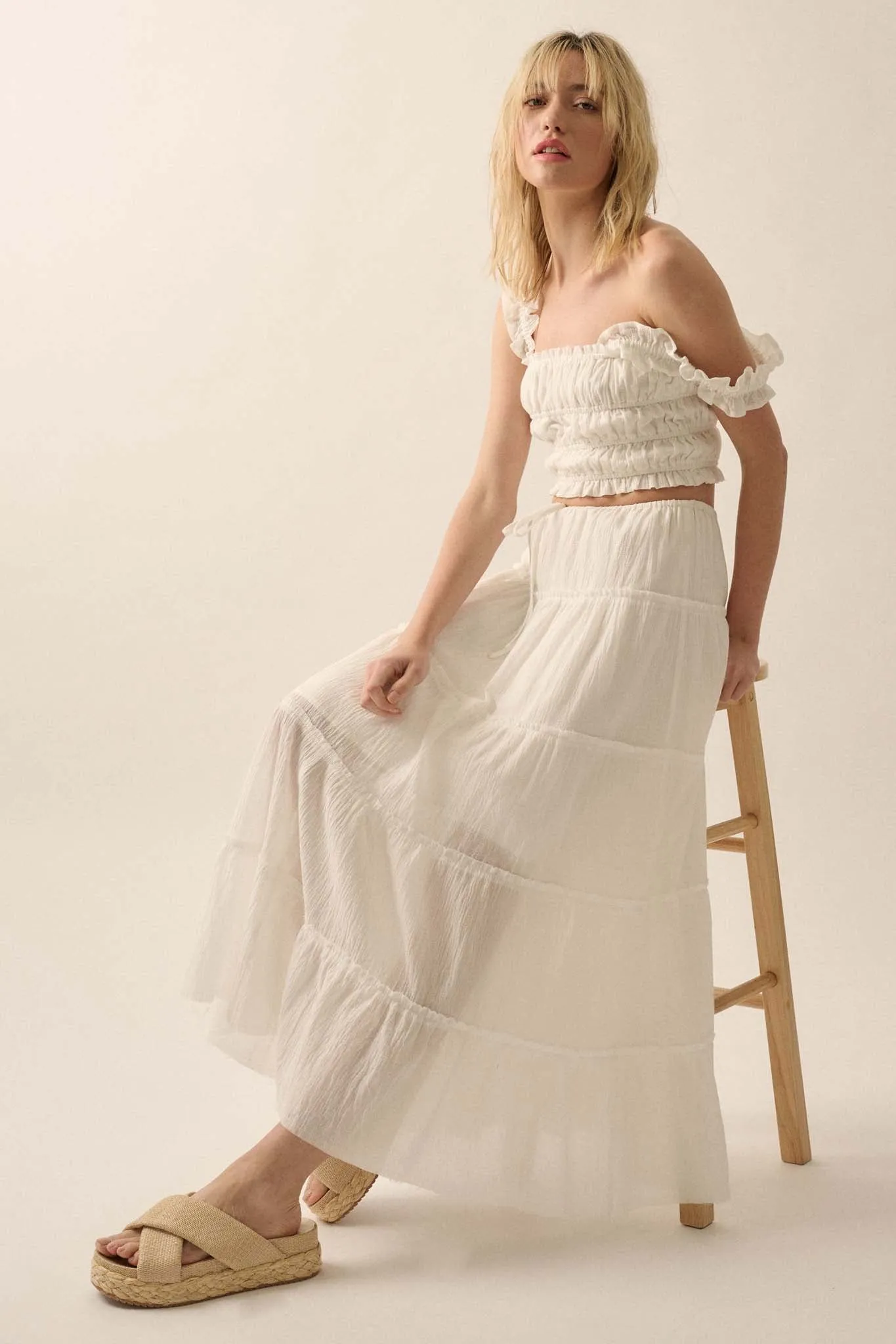 Washed Ashore Raw-Edge Tiered Ruffle Maxi Skirt