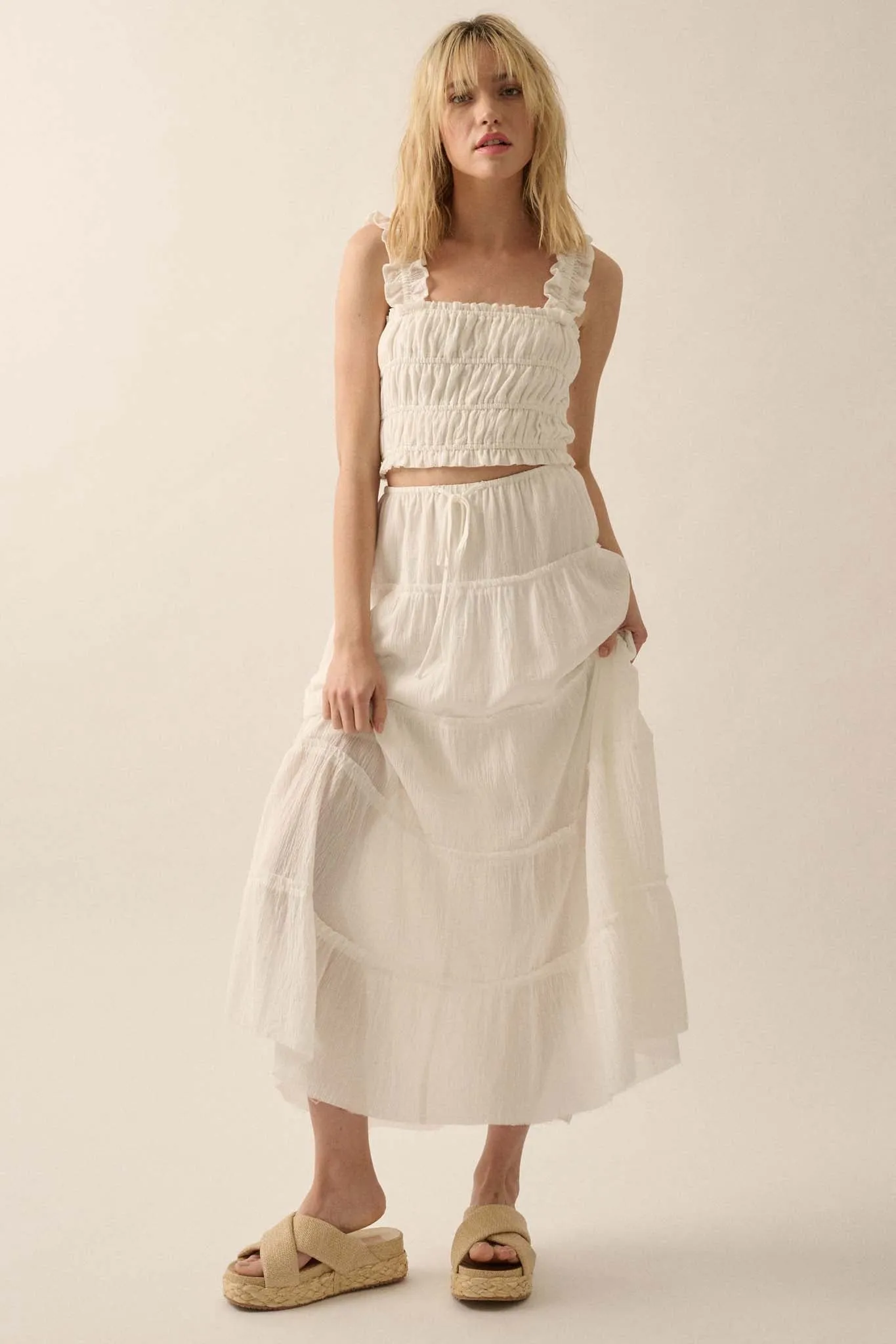 Washed Ashore Raw-Edge Tiered Ruffle Maxi Skirt