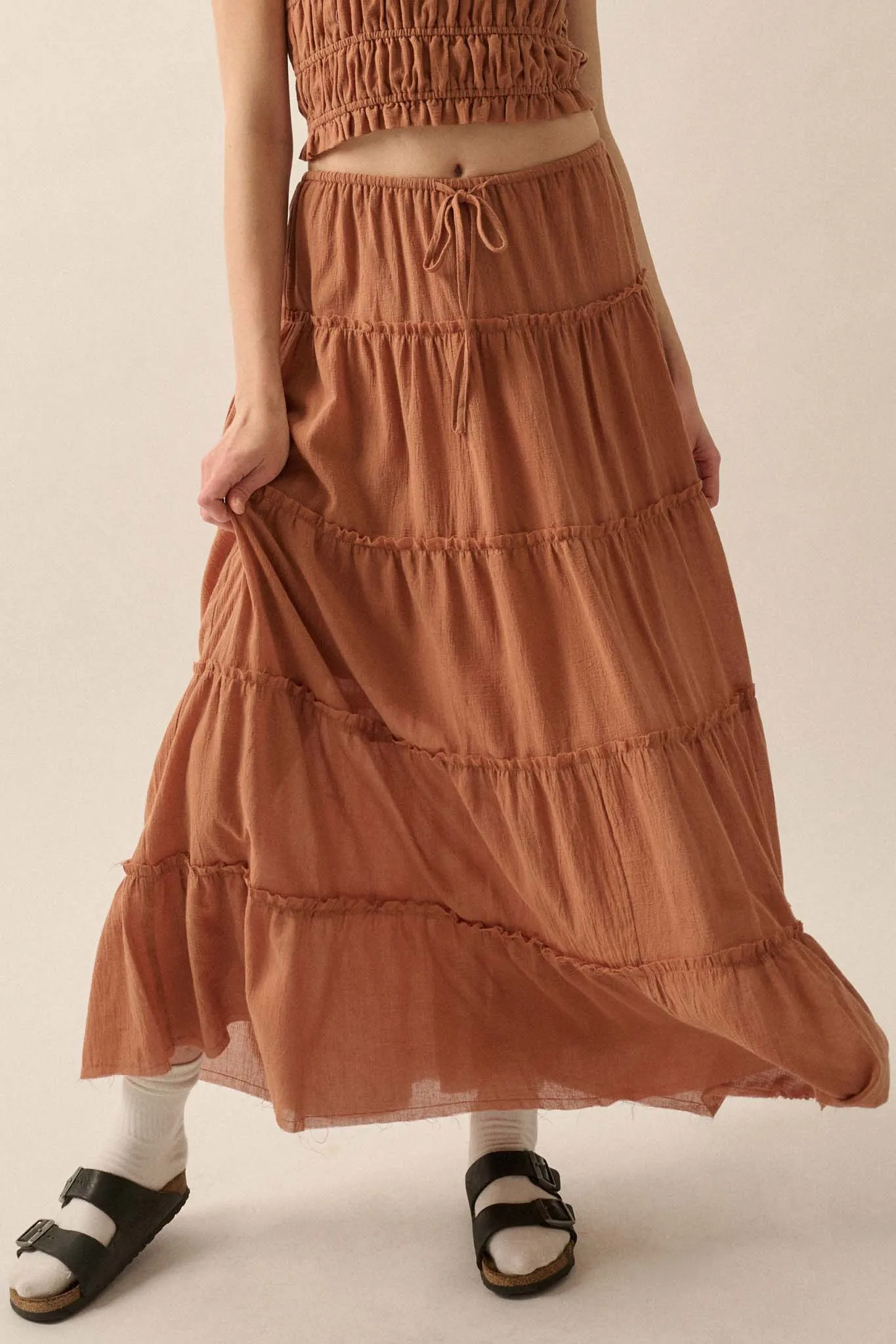 Washed Ashore Raw-Edge Tiered Ruffle Maxi Skirt