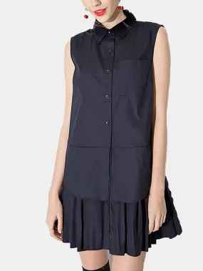 Wholesale Navy Lapel Collar Sleeveless Ruffle Hem Shirt Dress