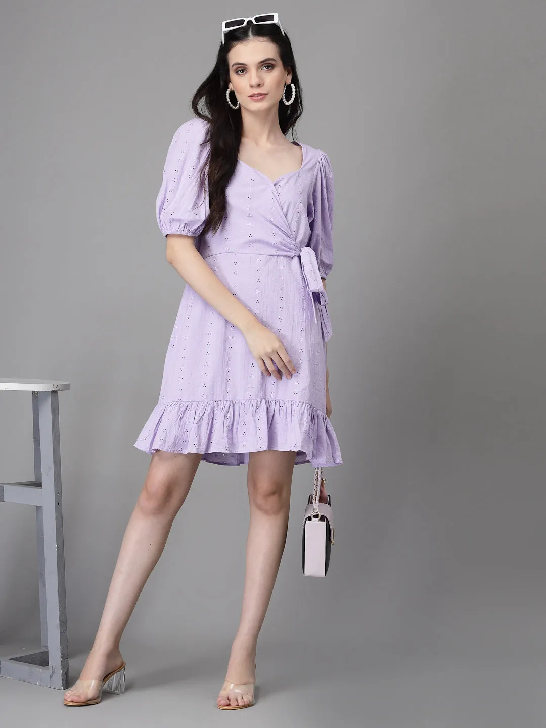 Women Lilac V Neck Embroidered Flared Dress