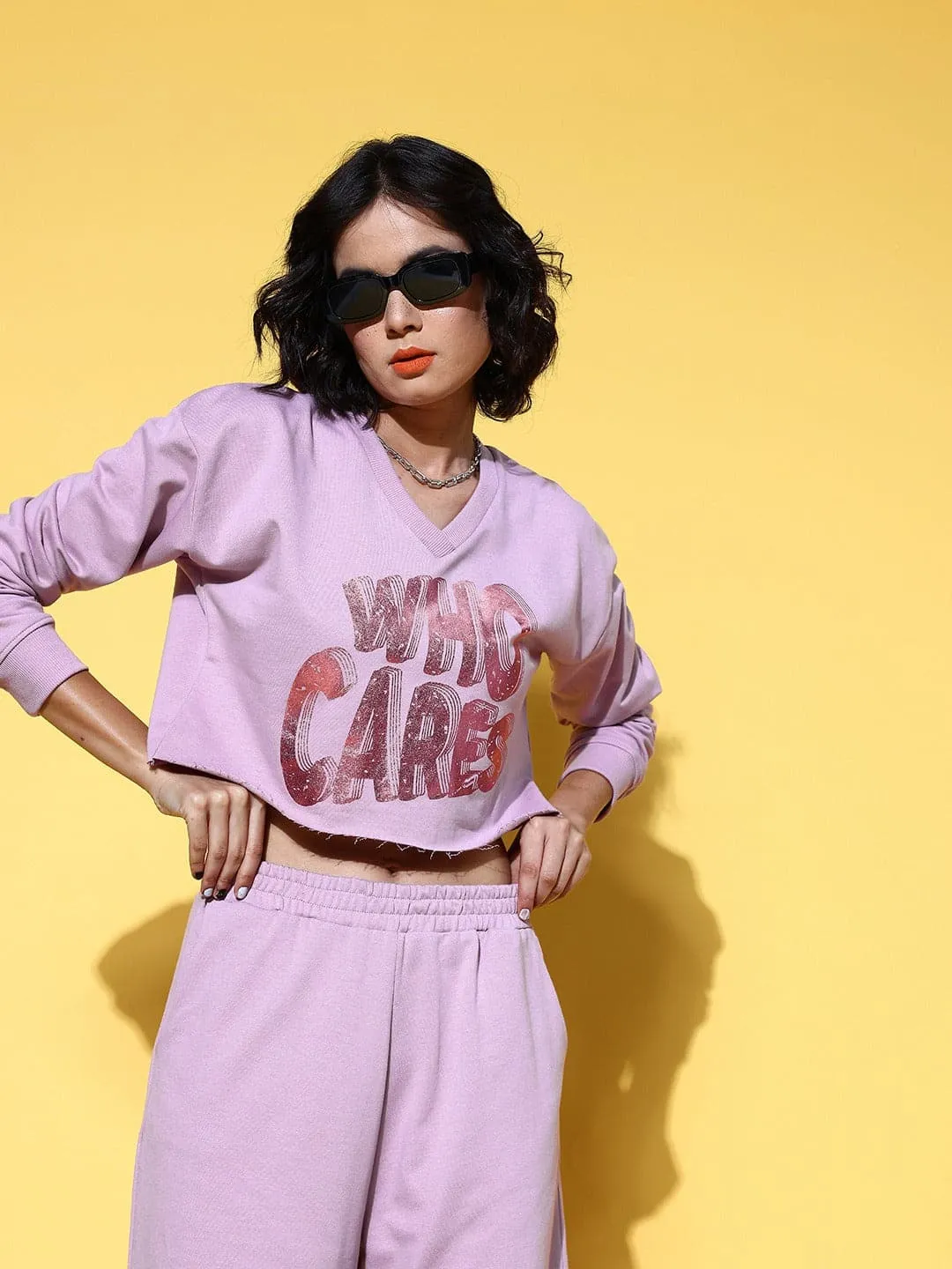 Women Lilac Who Cares Crop Terry Sweat Shirt