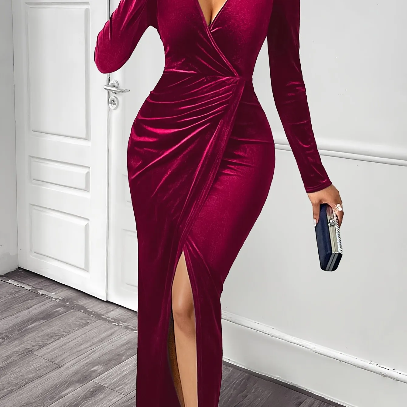 Women Solid Color V Neck Velvet Dress, Elegant Long Sleeve Ruched Split Bodycon Dress