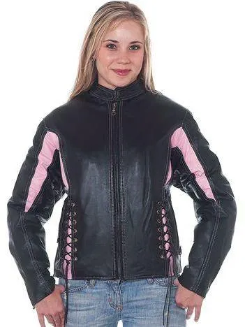 Womens Black & Pink Motorcycle Leather Racer Jacket, LJ266-PINK-SS-DL