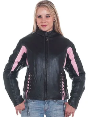 Womens Black & Pink Motorcycle Leather Racer Jacket, LJ266-PINK-SS-DL