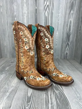 Women's Corral Distressed Cognac Floral Embroidery Western Boot - A4398