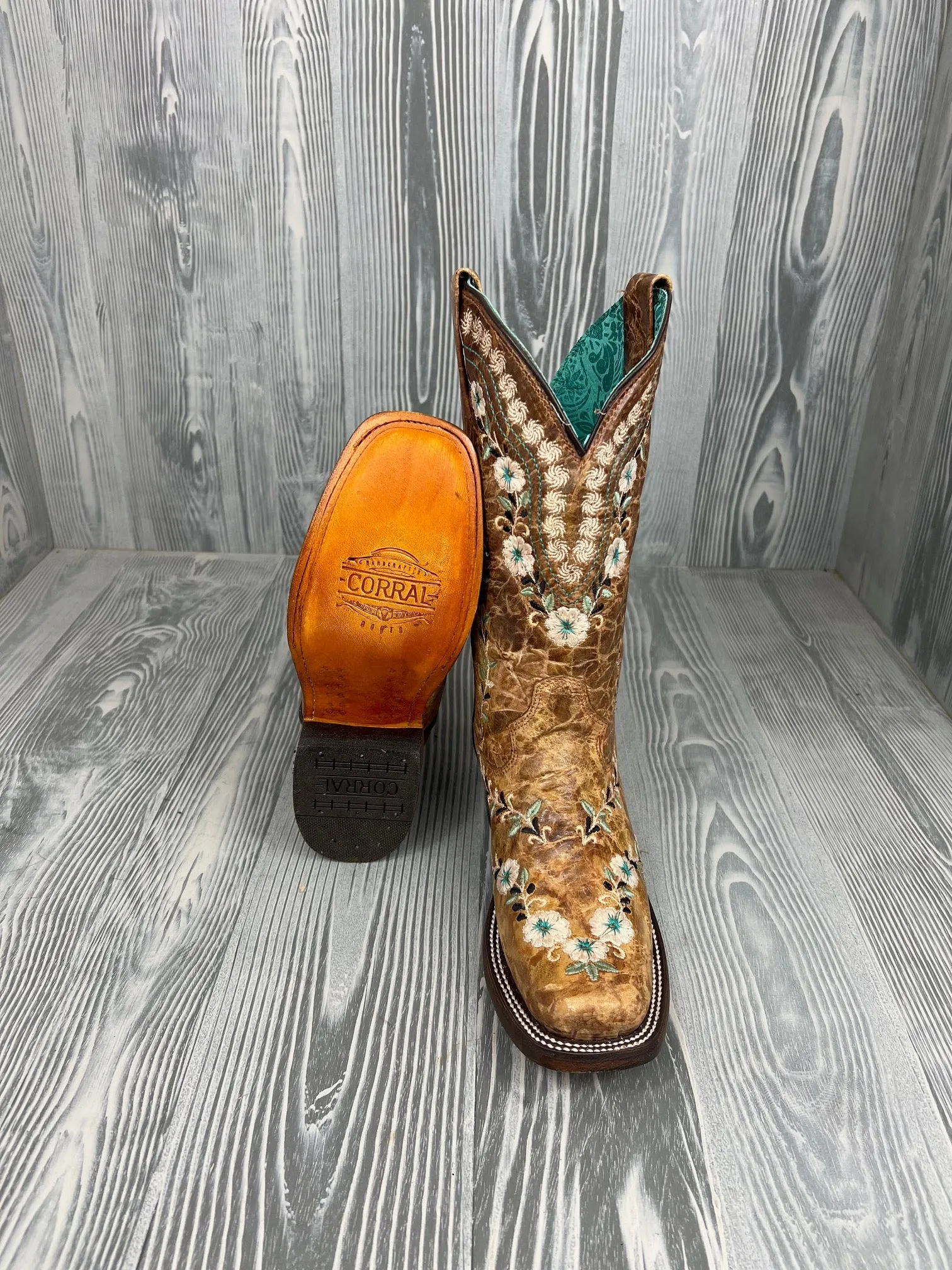 Women's Corral Distressed Cognac Floral Embroidery Western Boot - A4398